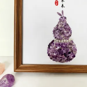 Detail of amethyst crushed stone gourd wall art with wood frame for Feng Shui home decor