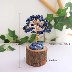 Handmade Natural Lapis Lazuli Crystal Tree of Life on Wooden Stump Base 13cm Height