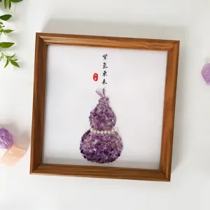 Natural Amethyst Crushed Stone Gourd Decorative Painting Ornament Wood Frame Auspicious Feng Shui Art For Home Living Room Office Desktop