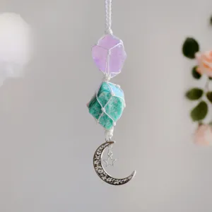 Handgefertigter Rohkristall-Anhänger mit Amethyst, Amazonit und silbernem Mondstern