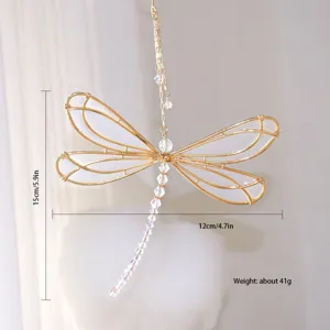 Metal dragonfly suncatcher hanging ornament with crystal prisms for garden decoration