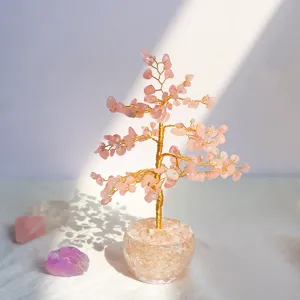 Arbre de vie en cristal de quartz rose fait main pour la décoration de bureau à la maison