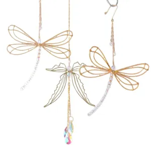 Gold metal dragonfly suncatcher ornaments with crystal prisms for garden and balcony decor