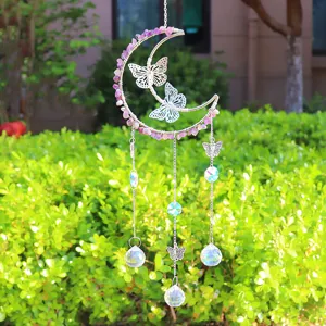 Elegante acchiappasole luna argento con scaglie di ametista e prismi in cristallo