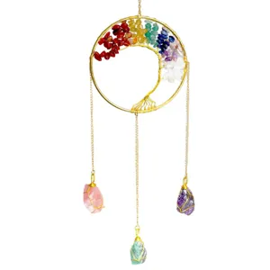 Handmade 7 Chakra Tree of Life crystal suncatcher with colorful stones for window decor