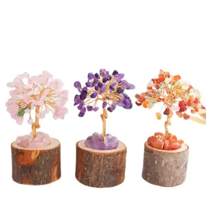 Handmade natural crystal life tree with wooden stump base for home and office decoration
