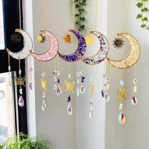 Natural Crystal Chip Sun Moon Suncatcher Boho Metal Butterfly Hanging Pendant Prism Light Catcher Window Home Wall Decor Ornament