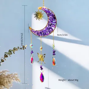 Handmade purple crystal moon suncatcher with butterfly, 27cm window hanging decor