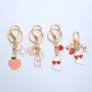 Cute Cartoon Rabbit Peach Keychain Zinc Alloy Enamel Strawberry Heart Bag Pendant Girly Car Keyring Gift For Women Girls