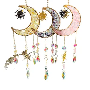 Handmade moon sun catchers with natural crystals and butterfly charms for window decor