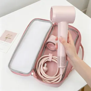 Borsa da viaggio rosa per asciugacapelli con layout interno organizzato e mano