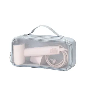 Borsa da viaggio blu in rete per asciugacapelli e organizer per accessori