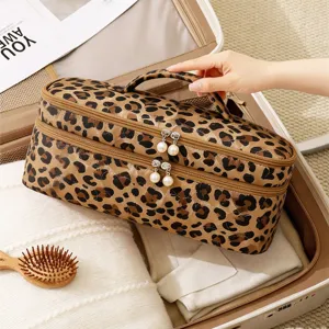 Detailed view of a stylish leopard print cosmetic organizer inside a travel suitcase