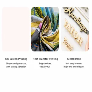 Detail view of storage basket branding options including silk screen and metal tags