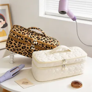 Large Capacity Travel Cosmetic Bag Polyester Double Layer Heart Quilted Makeup Organizer With Pearl Zipper Hairdryer Storage For Women