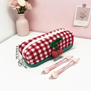 Close-up of red checkered wool pencil case with cherry charm and product dimensions