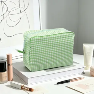 Green gingham seersucker makeup bag for travel with large capacity storage