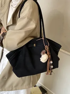 Damen Faux Wildleder Tragetasche Minimalistischer Lazy-Stil Große Kapazität Pendler Schultertasche Mit Plüschbär Schlüsselanhänger Braun Schwarz Kaffee