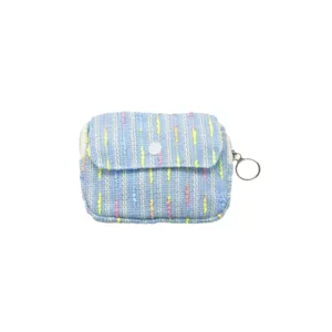 Elegant tweed mini coin purse with flap and keychain, blue textured storage pouch