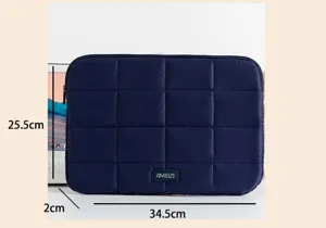 Detailed dimension view of 14 inch navy blue quilted laptop sleeve protector bag