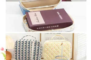 Nahaufnahme von gesteppten Buchhüllen in Blumen- und Gingham-Mustern für den Transport