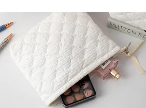 Detalle de neceser acolchado blanco con perfume y paleta de sombras de ojos en el interior.