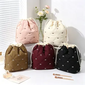 Quilted Cotton Bow Embroidery Drawstring Cosmetic Bag Large Capacity Portable Travel Makeup Storage Pouch Organizer