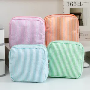 Bolsa de Cosméticos de Seersucker Rayado para Mujeres Portátil Ligero Organizador de Viaje Bolsa de Almacenamiento Funda para Almohadillas Sanitarias