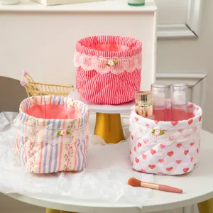 Korean Style Quilted Fabric Storage Basket Foldable Desktop Organizer With Lace Rose Decoration For Cosmetics Jewelry Home Storage