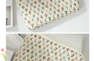 Macro detail of soft quilted fabric floral laptop sleeve with durable white zipper closure
