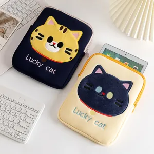 Schattige Cartoon Kattenkop Laptophoes Polyester Beschermende Tablethoes Borduurwerk Binnenzak Tas Voor iPad Pro MacBook Vrouwen