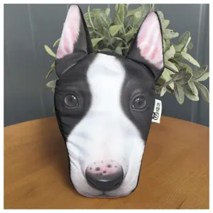 Detail view of a creative 3D printed Bull Terrier dog head coin purse with secure zipper