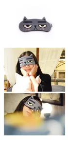 Macro view and lifestyle shots of the soft cartoon cat eye mask for light blocking