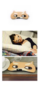 Detailed views of cartoon Shiba Inu eye mask showing product, model use, and setting