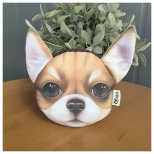Close-up of a 3D Chihuahua dog head coin purse with realistic print and side tag.