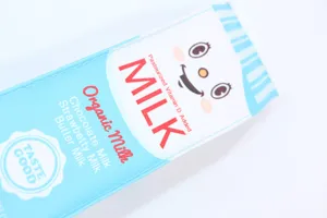 Detailed close-up view of a cute cartoon milk box pencil case with creative design