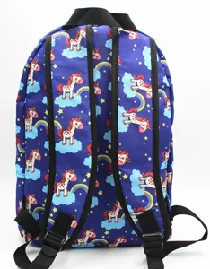 Vista trasera detallada de una mochila de unicornio azul marino para niños con correas