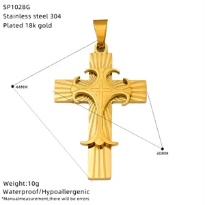 Pendentif croix double couche en acier inoxydable plaqué or 18k bijou homme hip hop
