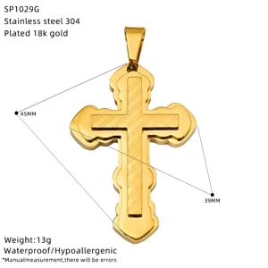 Pendentif croix double couche plaqué or 18K en acier inoxydable bijoux homme