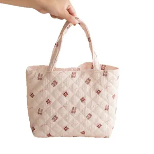 Sac fourre-tout matelassé rose avec motif d'ours, sac à main décontracté grande capacité