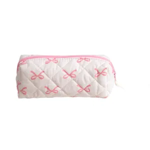 Large capacity quilted white pencil case with pink bow patterns and sturdy zipper