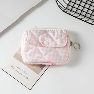 Mini bolsa de almacenamiento acolchada rosa a cuadros para auriculares y monedas