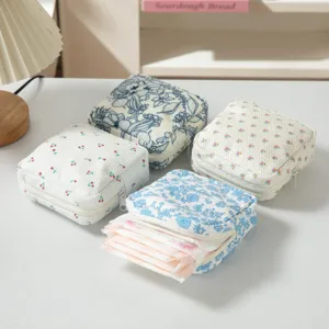 Borsa Porta Assorbenti Igienici in Velluto a Coste Floreale Astuccio Portatile Con Cerniera Organizer Cosmetico Per Donne