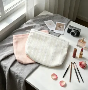 Detail of pink and white large-capacity makeup bags with lace texture on a table