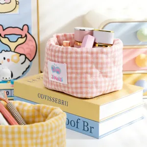 Panier de rangement en tissu à carreaux roses pour cosmétiques de dortoir mignon