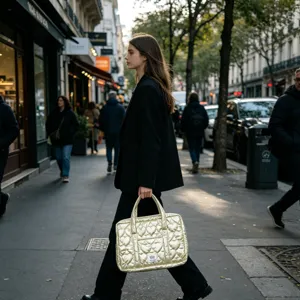 Stylish champagne gold puffy heart-quilted laptop bag carried on a Parisian city street