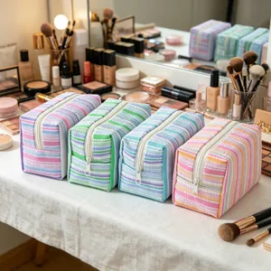 Detailed view of four pastel striped seersucker makeup bags on a dressing table