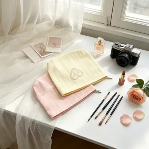 Soft knit cosmetic bags in pink and yellow with elegant lace bow detail on a vanity desk
