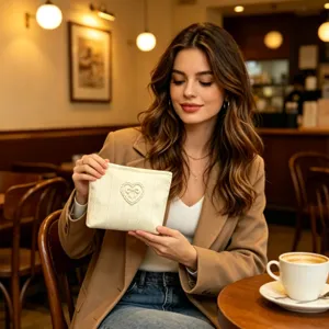 Lifestyle view of a cream makeup bag with bow-accented heart detail in a cafe