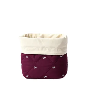 Large capacity quilted cotton drawstring makeup bag with elegant white embroidered bow patterns